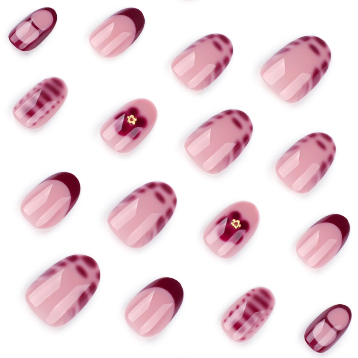Red French Tip Press On Nails Short Almond Fake Nails with Floral Plaid Pattern Glossy Acrylic Glue On Nails Reusable Nude Burgundy Nail Art for Women