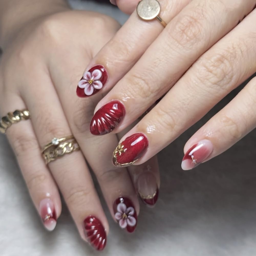 Red Press on Nails Short Almond Fake Nails with 5D Flower Design French Tips Glue on Nail Glossy Ombre Dark Red Nails Press ons Reusable Full Cover Gold Lines Acrylic Nail for Women Manicure 24Pcs