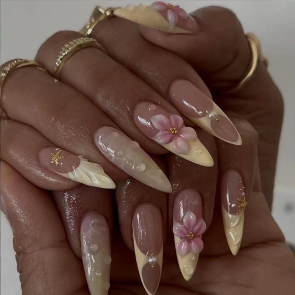 French Tips Press on Nails Medium Almond Fake Nails with 5D Flower Charm Design Glossy Ombre Yellow Nails Press on Reusable Pearl Rhinestones False Nail Spring Summer Nail for Women Manicure 24Pcs