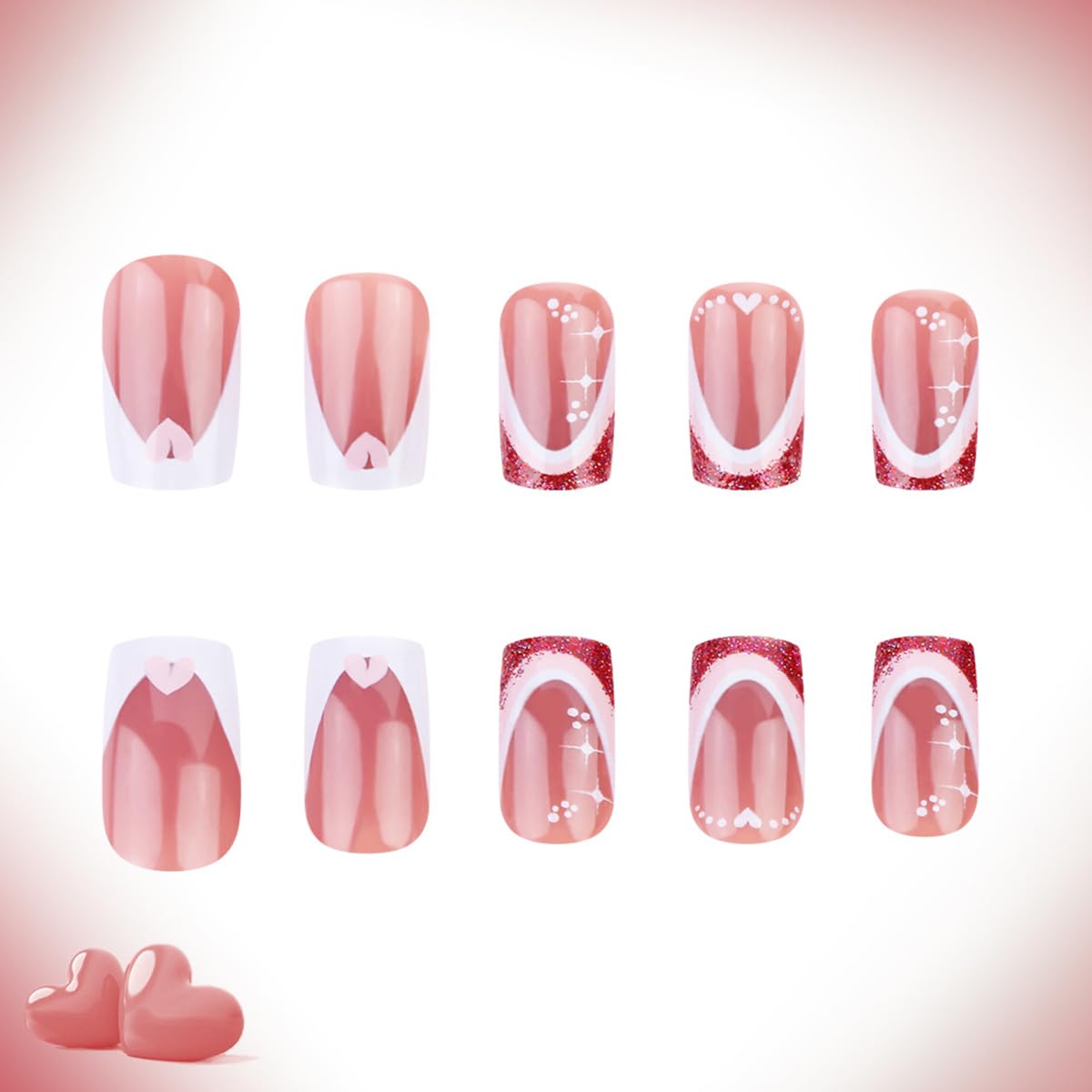 24Pcs Valentines Fake Nails Short Square Press on Nails with Pink Heart Designs Red White French Nail Press ons Glitter Glossy Full Cover Glue on Nails Reusable Heart Stick on Nail for Women Manicure
