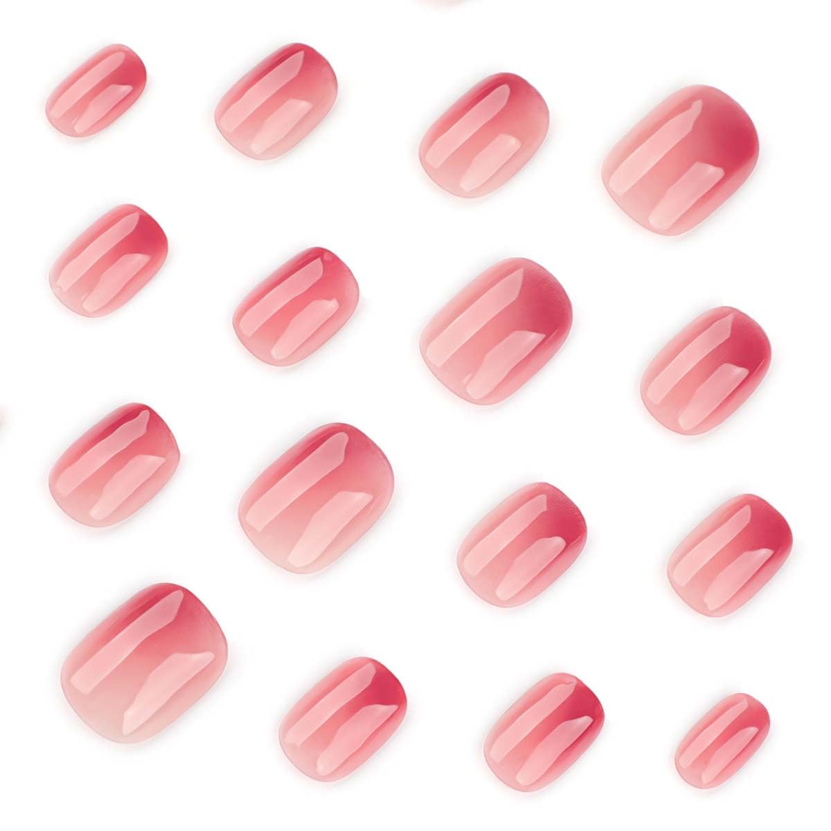 LINMEIZAI Press on Nails Extra Short Square, Jelly Pink Ombre Glue on Nails Fake Nails Press ons with Art Designs, Cute Glossy Acrylic Nail Kit for Women Girls, Reusable False Nails, 24 Pcs