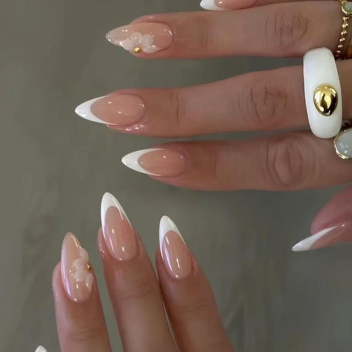 Handmade French Tip Press on Nail Almond Fake ons with Designs Chrome False Nails Long Glossy Full Cover Glue on Nails Stick Women Nails Manicure Decoration 10Pcs (MT-167-S)