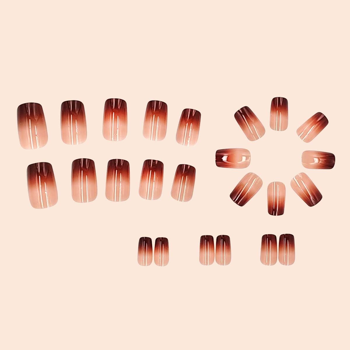 LINMEIZAI Press on Nails Short Square, Brown Ombre Fake Nails Glue on Nails Fake Nails Press ons with Glossy Designs, Cute Glossy Acrylic Nail Kit for Women Girls, Reusable False Nails, 24 Pcs