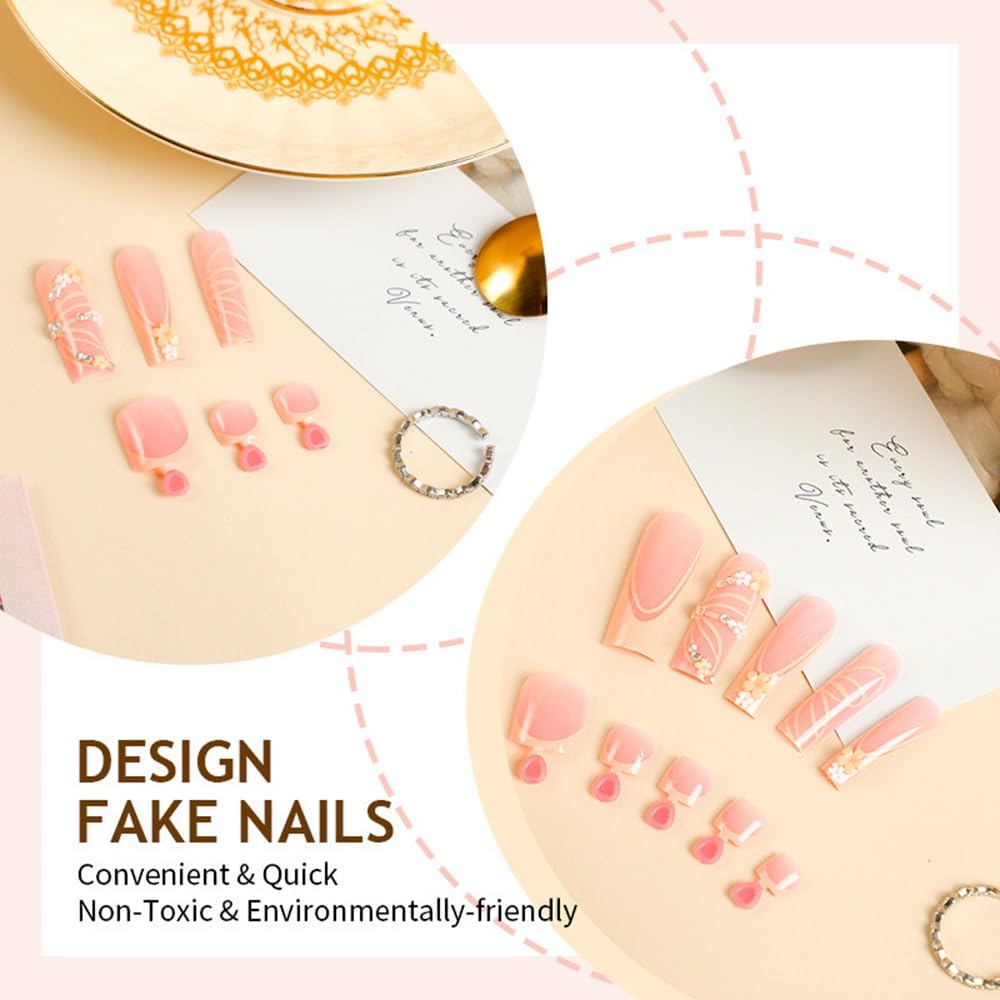 CTTHNBD Long Press on Nails Square & Press on Toenails Set, Butterfly Fake Nails - Yellow French Tip Press on Toenails - for Women 48 Pcs