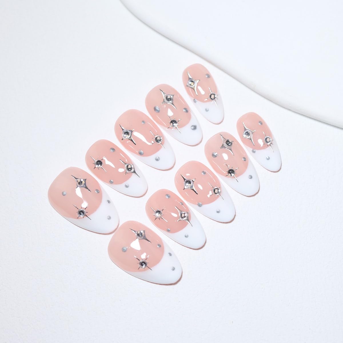 10 Pcs Short Almond Handmade Press On Nails | French Tip with Silver Starburst & Rhinestone Accents | Reusable, Easy to Apply & Remove, Salon-Quality Manicure (RR10, M)