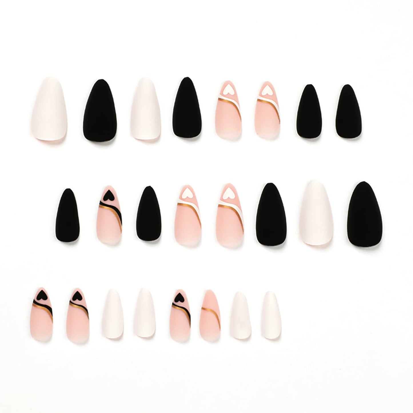 Black White Heart Press on Nails Almond, Medium Length Fake Nails French Love Design Valentine's Day Nails Full Cover False Nail Acrylic Nails with Nail Glue for Women and Girls 24 Pcs