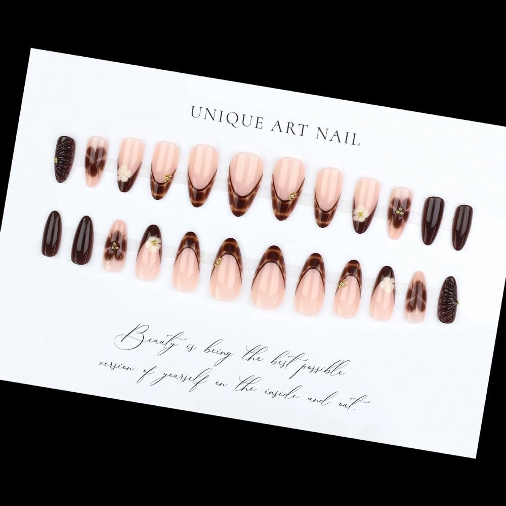 French Tips Press on Nails Medium Almond Nails Press on with 5D Rhinestones Flower Design Glossy Brown Leopard Glue on Nails Tortoise Shell Fake Nail Water Ripple Fall Winter Nail for Women 24Pcs