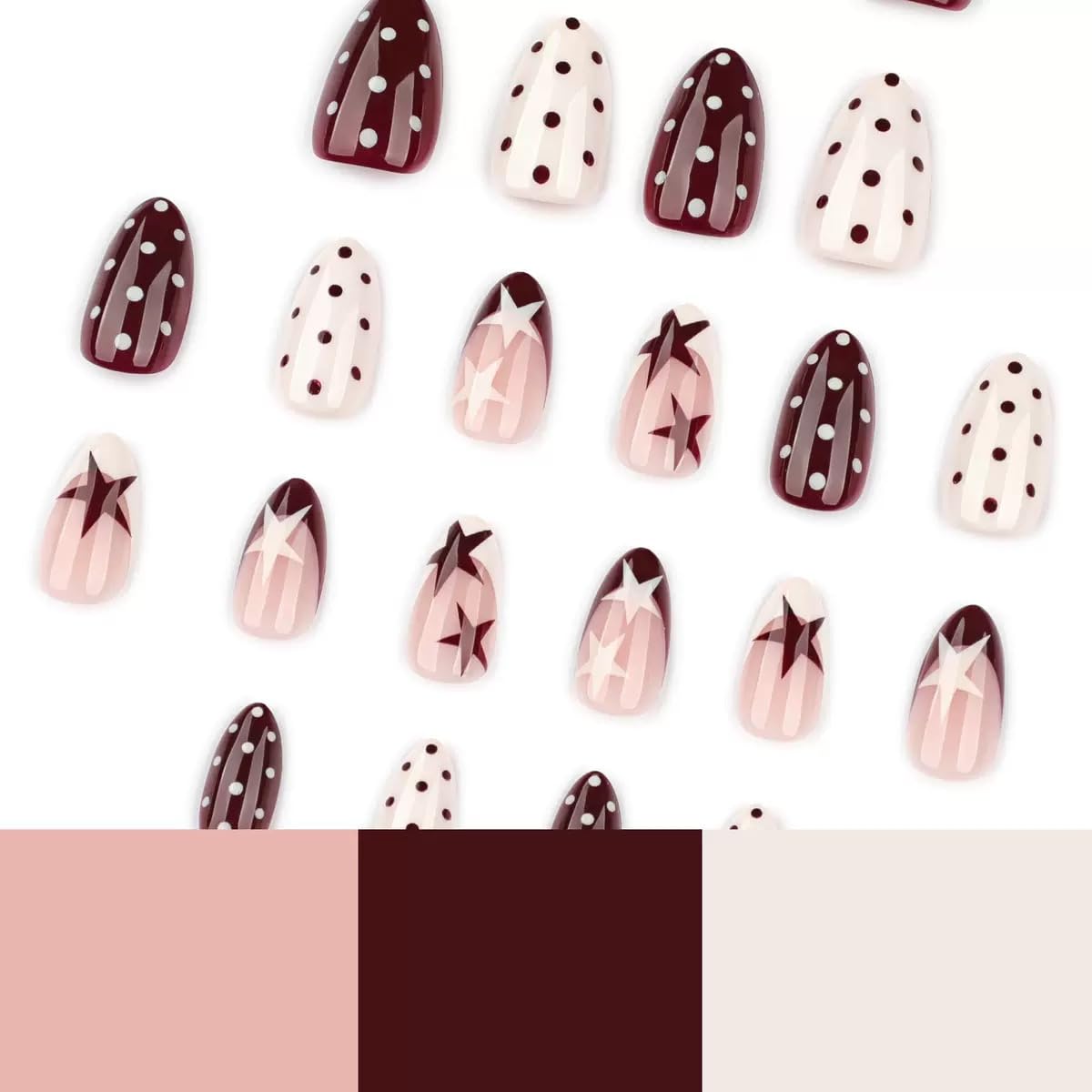 CTTHNBD Press on Nails Almond - Short Fake Nails with Polka Dot Star Design - Wine Red, French Tip False Nails for Women - 24 Pcs