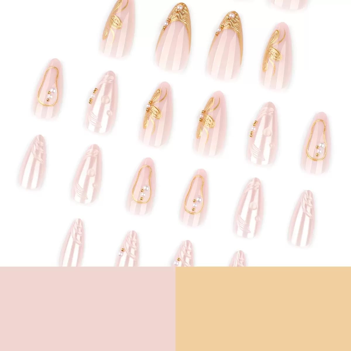 CTTHNBD Press on Almond Nails - Medium Fake Nails with Flower Design - Gold French Tip False Nails Press ons - for Women 24 Pcs