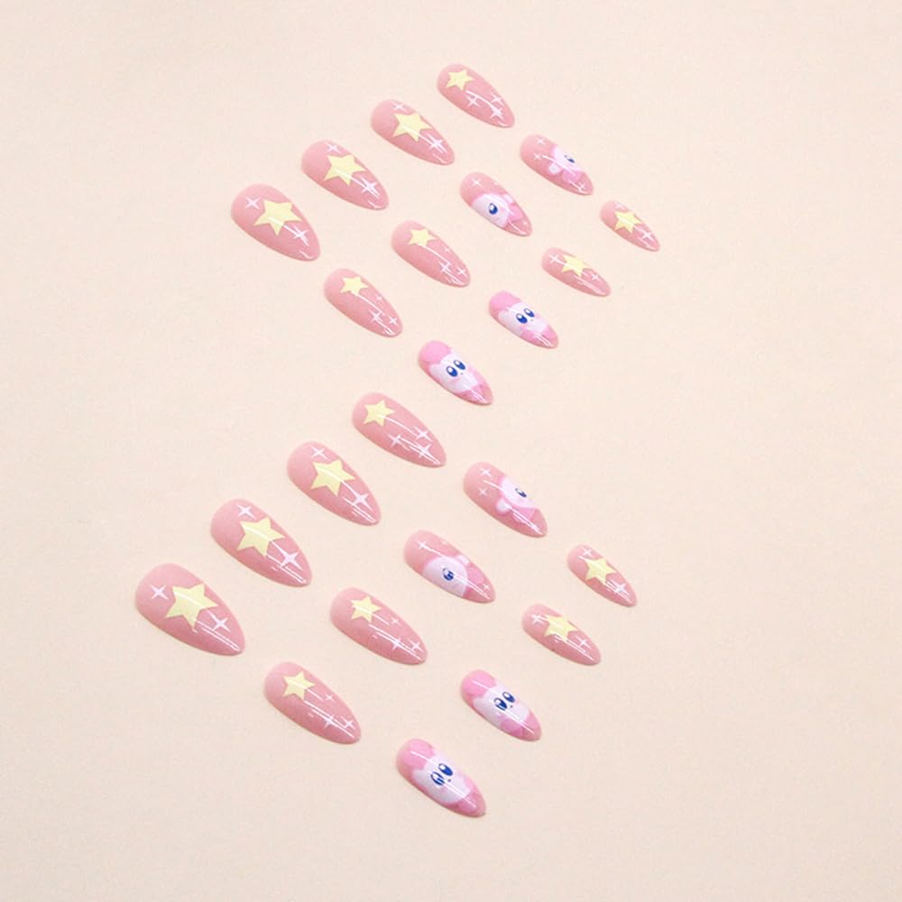 MINGCHUN Pink Press on Nails Medium Almond French Tip Fake Nails Press ons Acrylic Nail Art Kit Full Cover False Nails Glue on Nails with Kawaii Elf Starry Sky Design for Women Nail Supplies 24Pcs