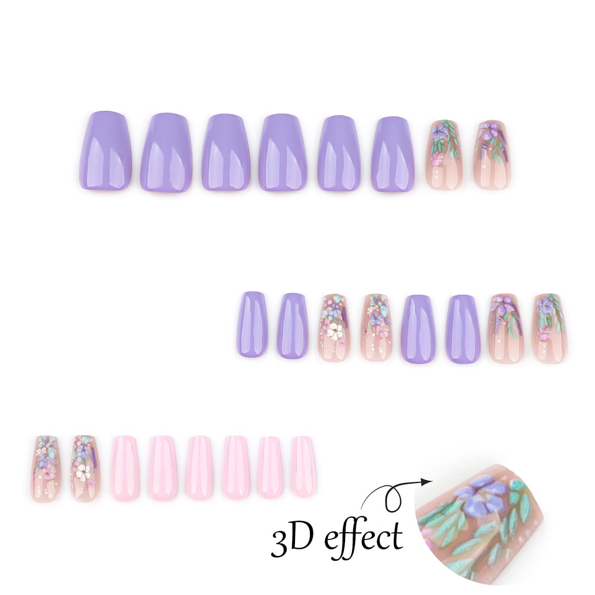 3D Flower Press on Nails Medium Square Shape Nude False Nails with Pink Purple Floral Design Coffin Fake Nails Full Cover Glossy Acrylic Nails for Women Decoration 24PCS Reusable Artificial Nails