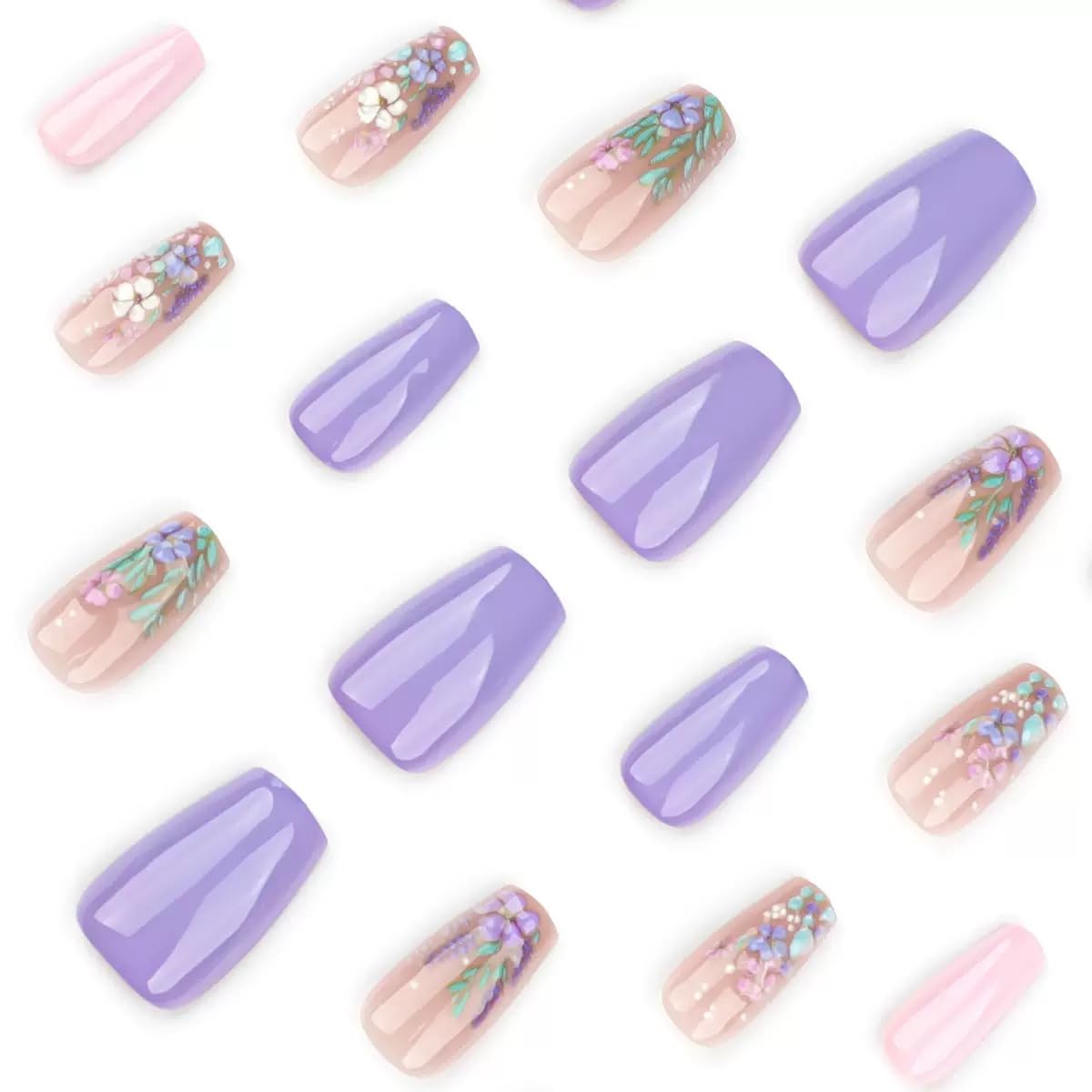 CTTHNBD Press on Coffin Nails - Medium Fake Nails with Flower Design - Purple False Nails Press ons - for Women 24 Pcs