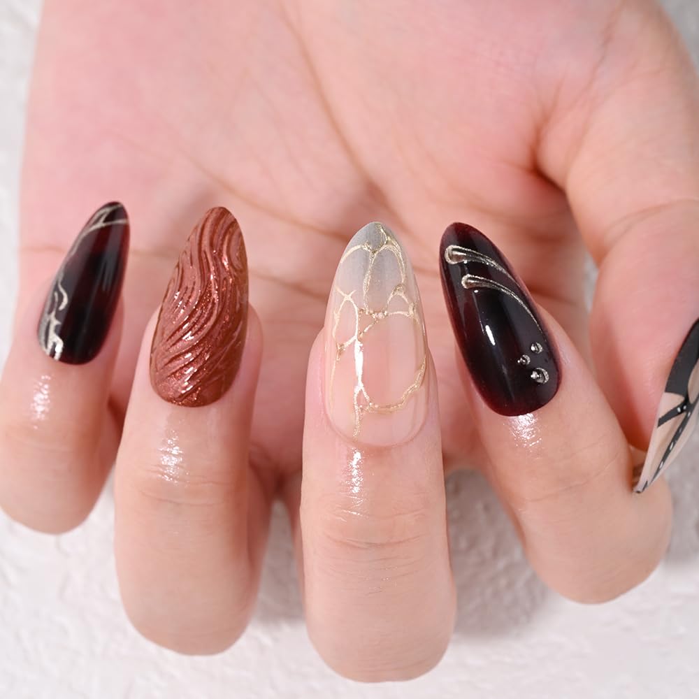evpct 3D Press on Nails Short Almond No Glue with Design, 3D Wave Blue French Tip Stick on Nail for Women, Reusable Full Cover Press on Fake Nail Perfectly Fit with Butterfly Wing Gold Line Design