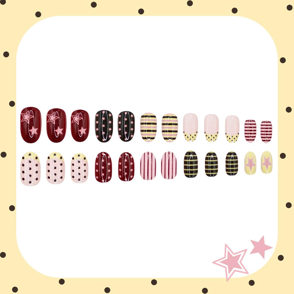 Summer Press on Nails Colorful Fake Nails Short Almond Nails Press ons with Star Lines Polka Dot Design Cute Nails Full Cover Acrylic Glue on Nails for Women Girls Manicure 24Pcs