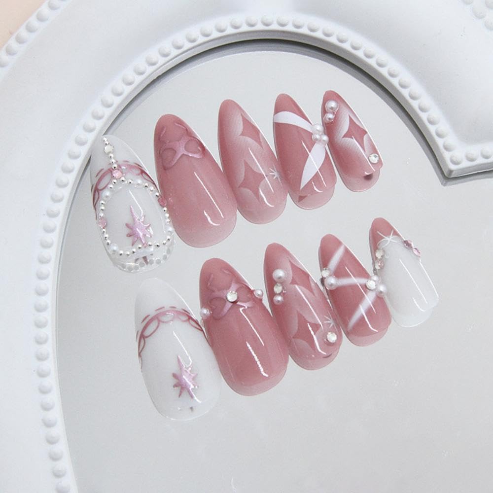 Pink Press on Nails Medium Almond False Nails with 5D Pearl Star Design White Lines Stick on Nails Glossy Full Cover White Glue on Nail Rhinestones Fake Nail for Women Girls Manicure 24Pcs
