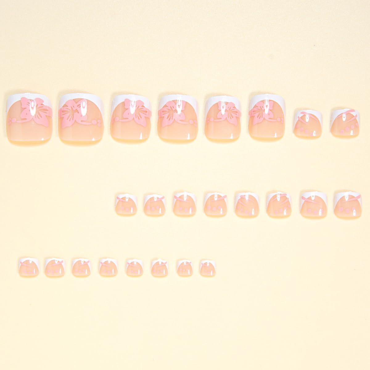 48Pcs White French Press on Nails Medium & Press on Toenails Set - WLGDLH Fake Nails Press ons Nail Art Tips Cute Glue on Nails Full Cover Short Fake Toe Nail Pink Flower Design Acrylic Nail Kit