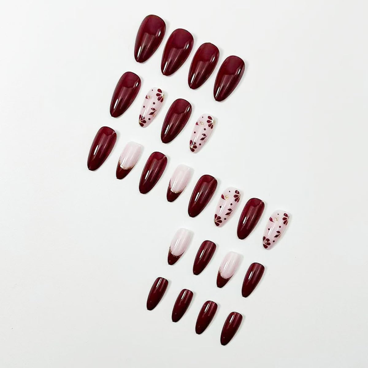 Burgundy Press on Nails Short Almond Glitter Flower Fake Nails Wine Red French Tip False Nails Press ons with Floral Design Glossy Acrylic Full Cover Winter Stick on Nails for Women Manicure 24Pcs