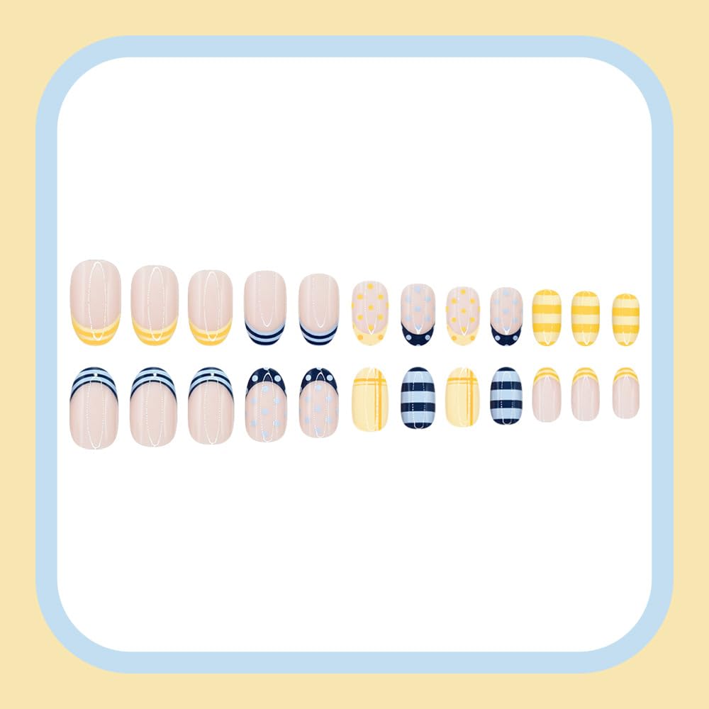 WLGDLH French Tip Press on Nails Short Oval Fake Nails, Blue Yellow False Nails Press ons Nail Art Tips with Polka Dot Stripes Design, Nude Glossy Finish Glue on Nails Stick on Nail for Women 24 Pcs