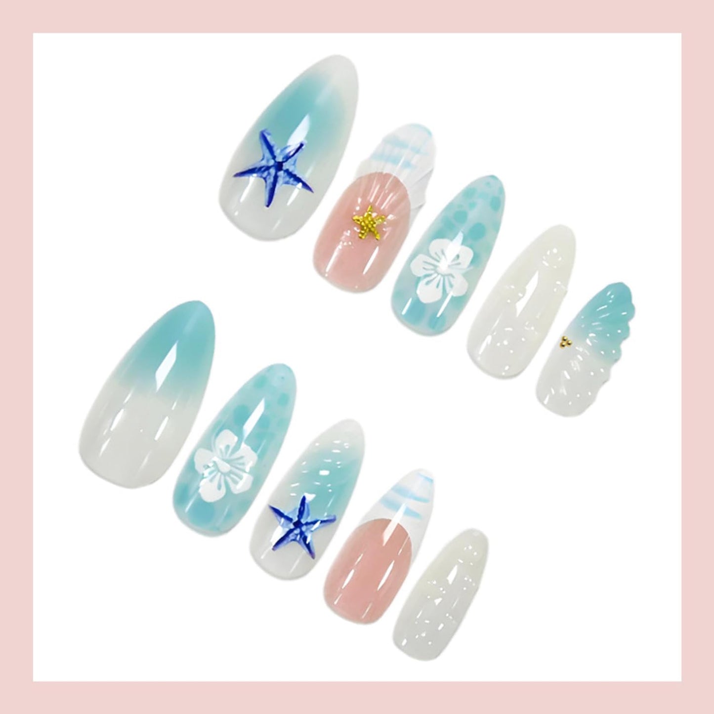 BSBTBZ Summer Ocean Medium Almond 24Pcs Blue Starfish 3D Acrylic ABS Press-On False Nails with Gold Bead Charms & White Flowers Design