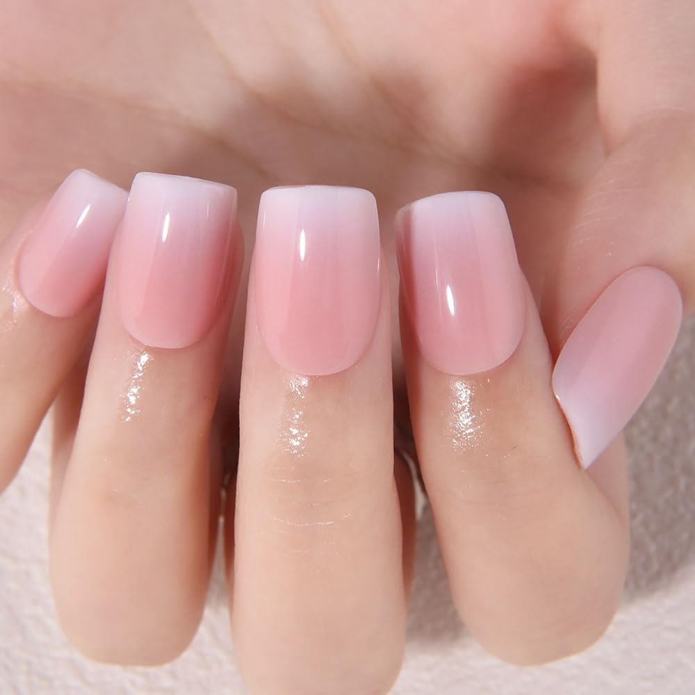 XZMeiLun Pink Brown and White Ombre Press on Nails, Short Square Acrylic Fake Nails Design, Natural Reusable Nails Kit for Women DIY False Nail Art Decoration Gift, Salon Quality Reusable