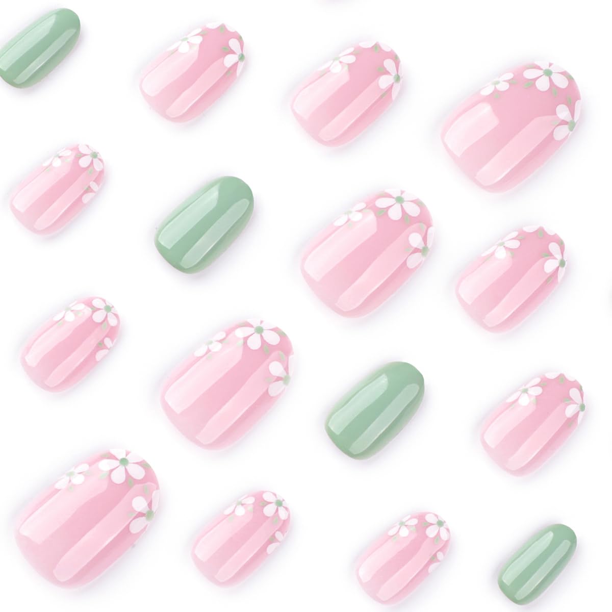 Green Press on Nails Short Oval Fake Nails Spring Summer Nails Press ons with Flower Design Reusable Artificial Nail Full Cover Stick on Nails for Women Manicure 24Pcs