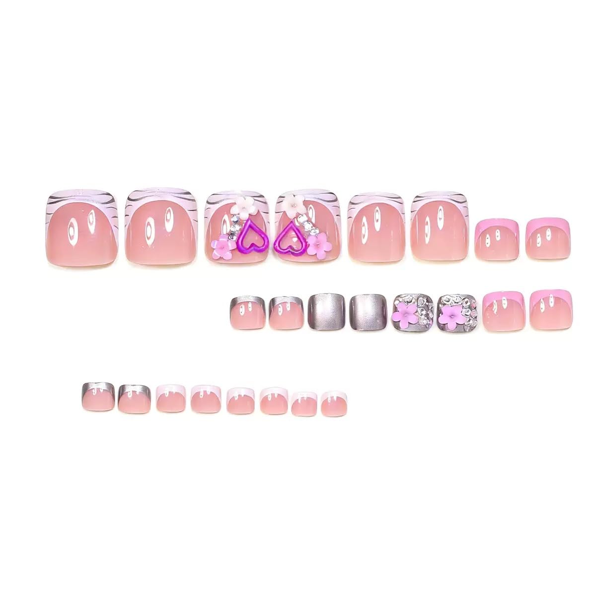 CTTHNBD Press on Toenails - French Tip Fake Toenails with Heart Flower Design - Rhinestone, Summer Press on Toe Nails for Women - 24 Pcs
