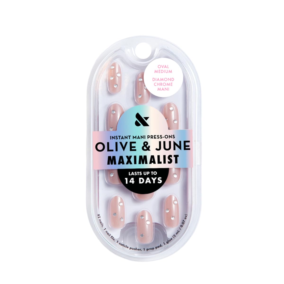 Olive & June Maximalist Instant Mani Press-On Nails (Glue) | 42 Fake Nails, 21 Sizes | Non-Toxic, Long-Lasting Big, Bold Gorgeous Realistic Look | Salon-Quality | Medium, Oval | Diamond Chrome Mani