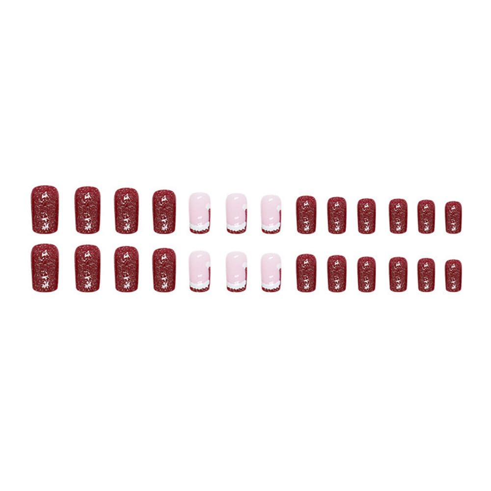 Christmas Hat Press on Nails Short Square Fake Nails Santa Hat Design Red French Glitter False Nails Winter Xmas Full Cover Acrylic Nails Glue on Nail for Women Girls 24Pcs