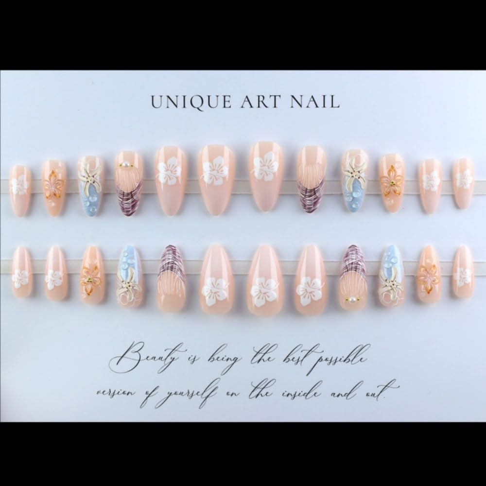 French Tips Press on Nails Medium Almond Fake Nails with 5D Flower Charm Design Glossy Ombre Pink Nails Press on Reusable Starfish Pearl False Nail Spring Summer Nail for Women Manicure 24Pcs