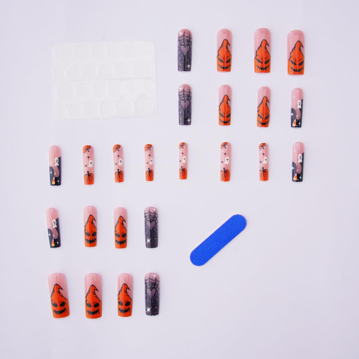 24Pcs Halloween Press on Nails Long Square French Tip Fake Nails with Ghost Spider Wed Design Goth Halloween Glue on Nails Orange Monster Pumpkin French Tip False Nails for Women Holiday DIY