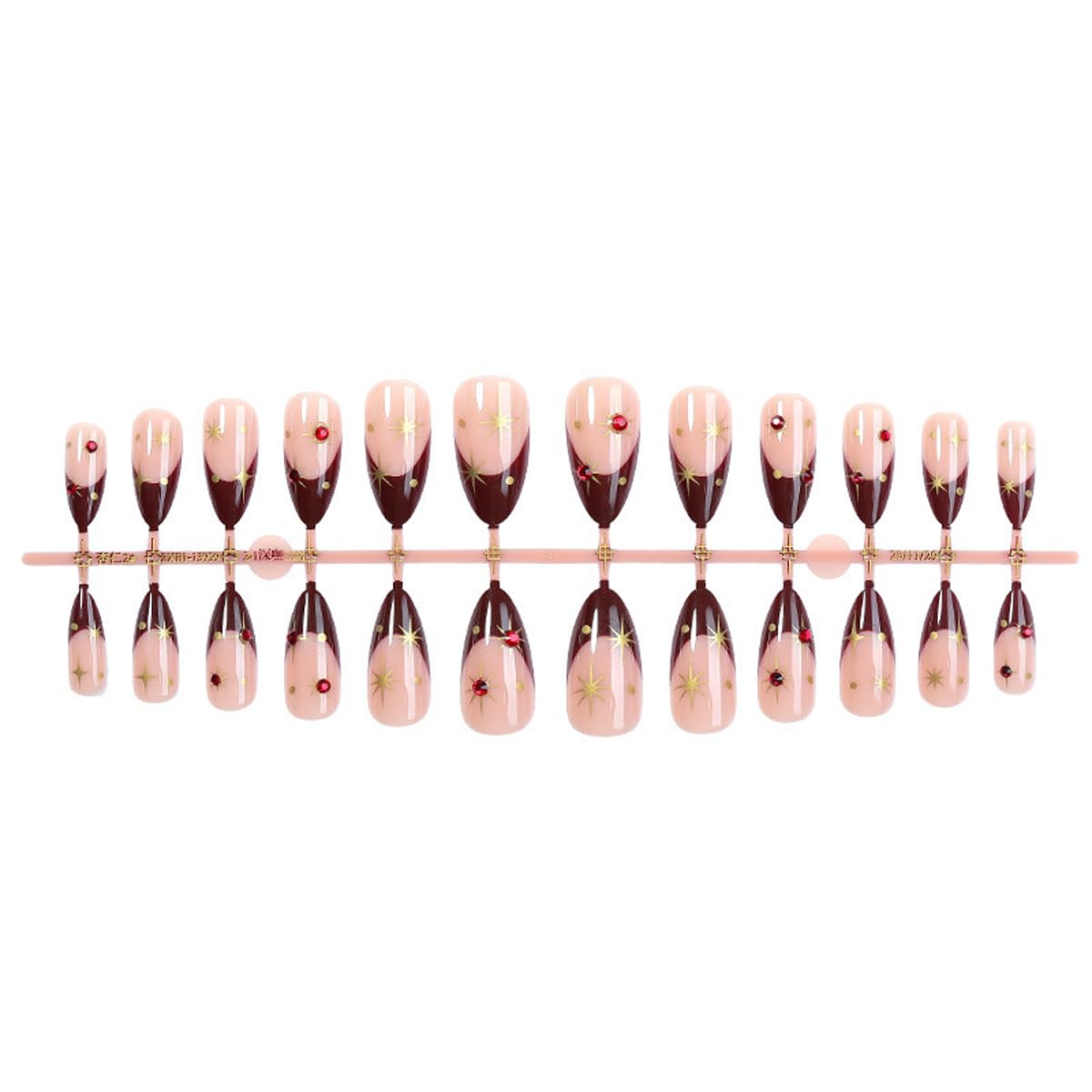 Wine Red French Tip Press on Nails - Medium Almond Fake Nails with 3D Rubby Star Designs False Nails Glossy Glue on Nails Reusable Full Cover Stick on Nails for Women Manicure 24Pcs