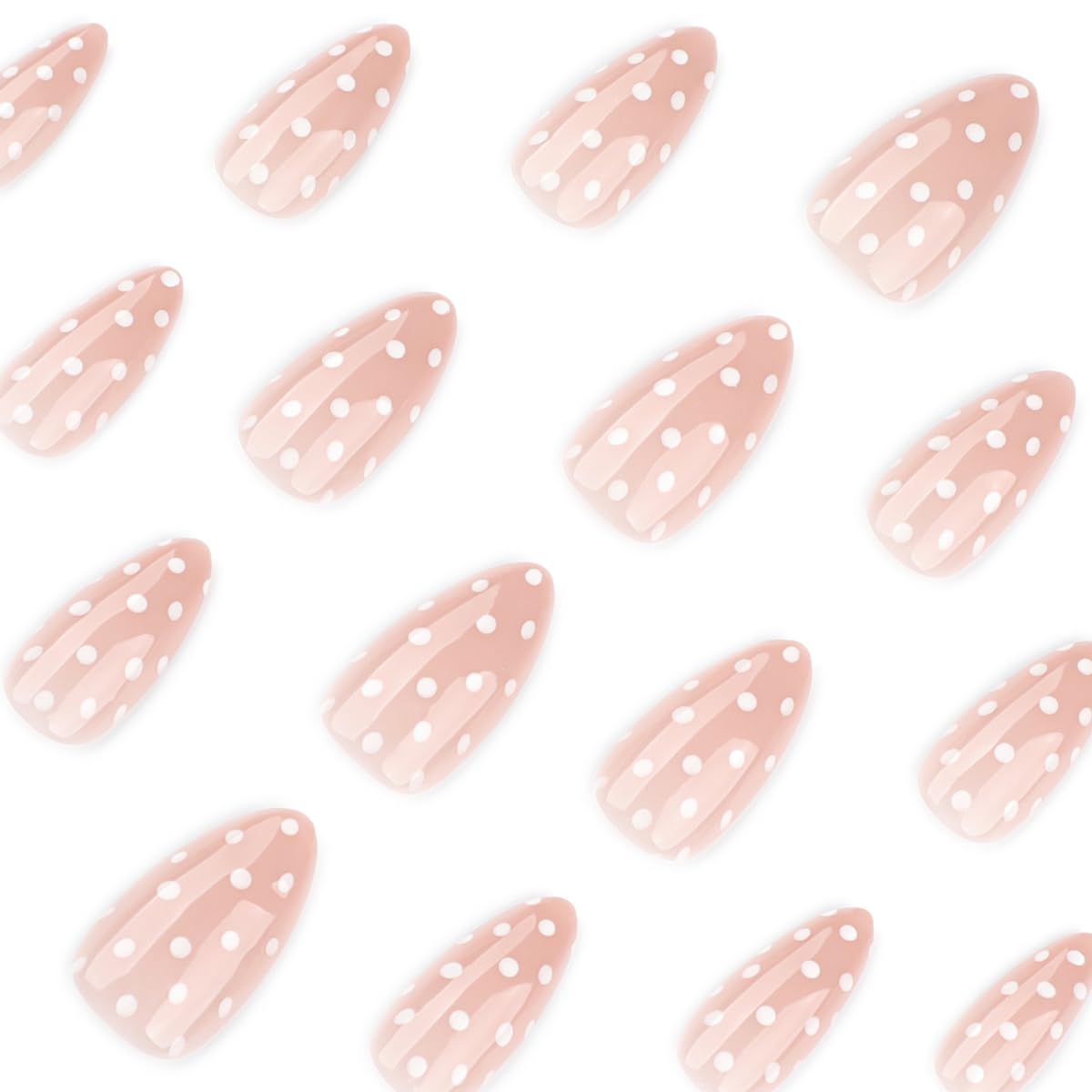 Almond Press on Nails Short Fake Nails Polka Dot Nails Pink False Nails Press ons with White Polka Dots Design Glossy Acrylic Full Cover Stick on Nail for Women Girls Daily Manicure 24Pcs