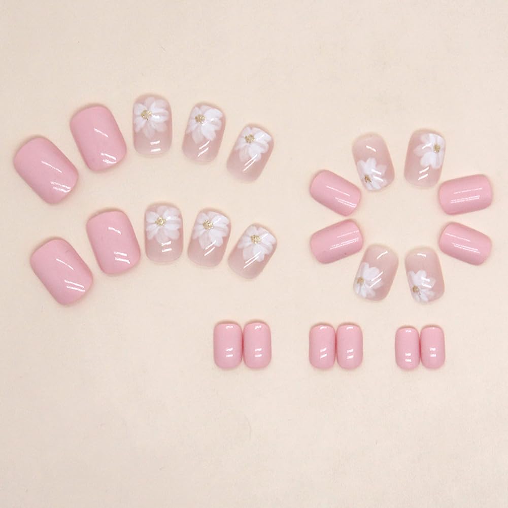 Whiosyrt Short Square Glossy Pink Acrylic Nails, 32pcs (12 Sizes) with Iced Camellia Design, ABS Material, Press On False Nails
