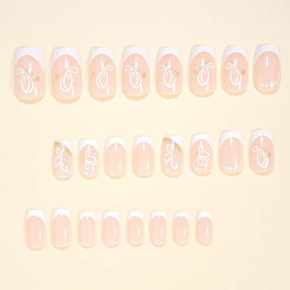White French Tip Press on Nails Square - Medium Fake Nails with Butterfly Design - Glitter Full Cover Stick on False Nails - for Women 24 Pcs