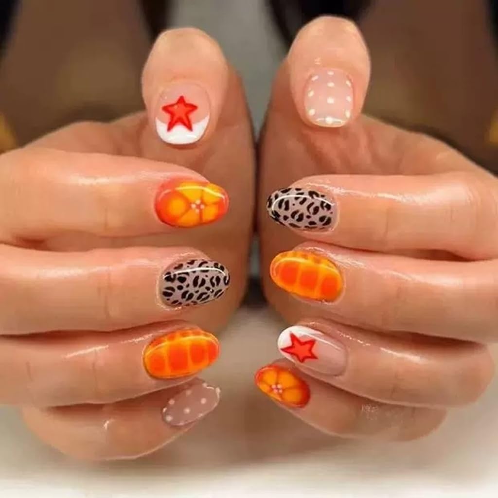 CTTHNBD Short Press on Nails - Oval Fake Nails with Star Polka Dot Design - Leopard Print, French Tip False Nails for Women - 24 Pcs