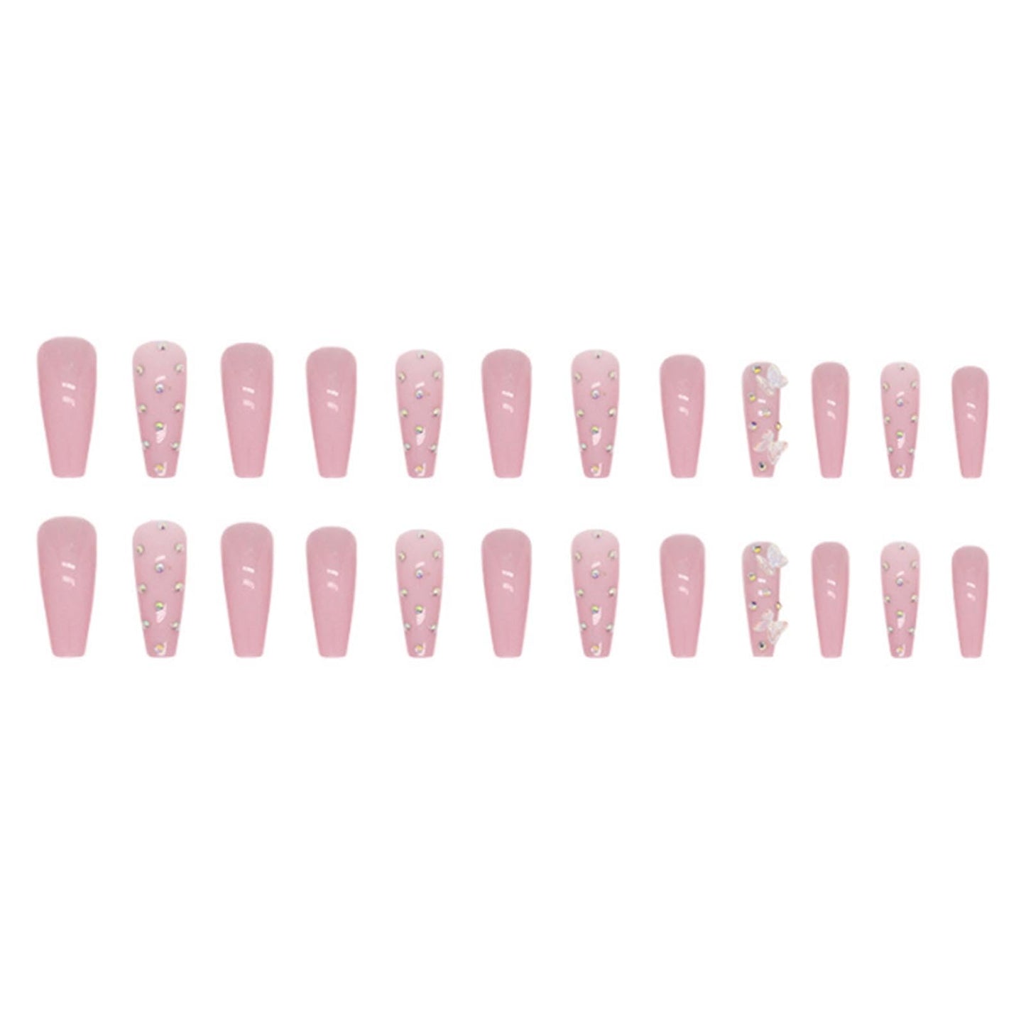 YoYoee Crystal Gem Design Nails Tips Long Coffin False Nails Nude Press on Nails Full Cover Cute Butterfly Fake Nails for Women and Girls 24PCS