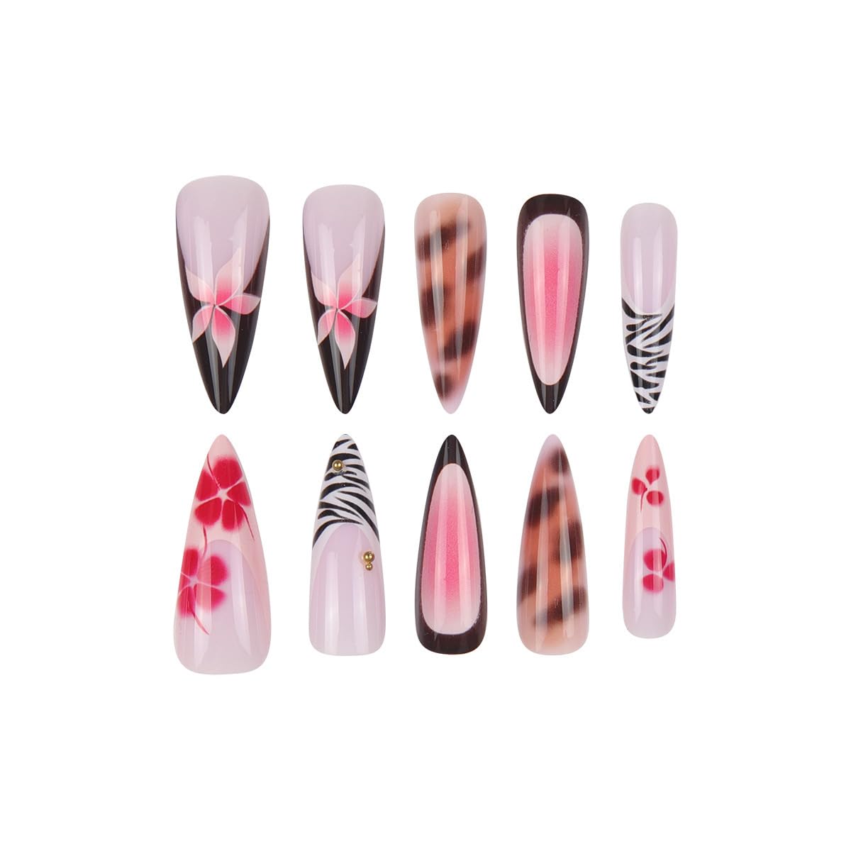 Long Stiletto Press on Nails Pink Flower Fake Nails Tortoise Design Zebra French Tip Press Ons Extra Long Full Cover Glossy Nails for Women Manicure 24PCS