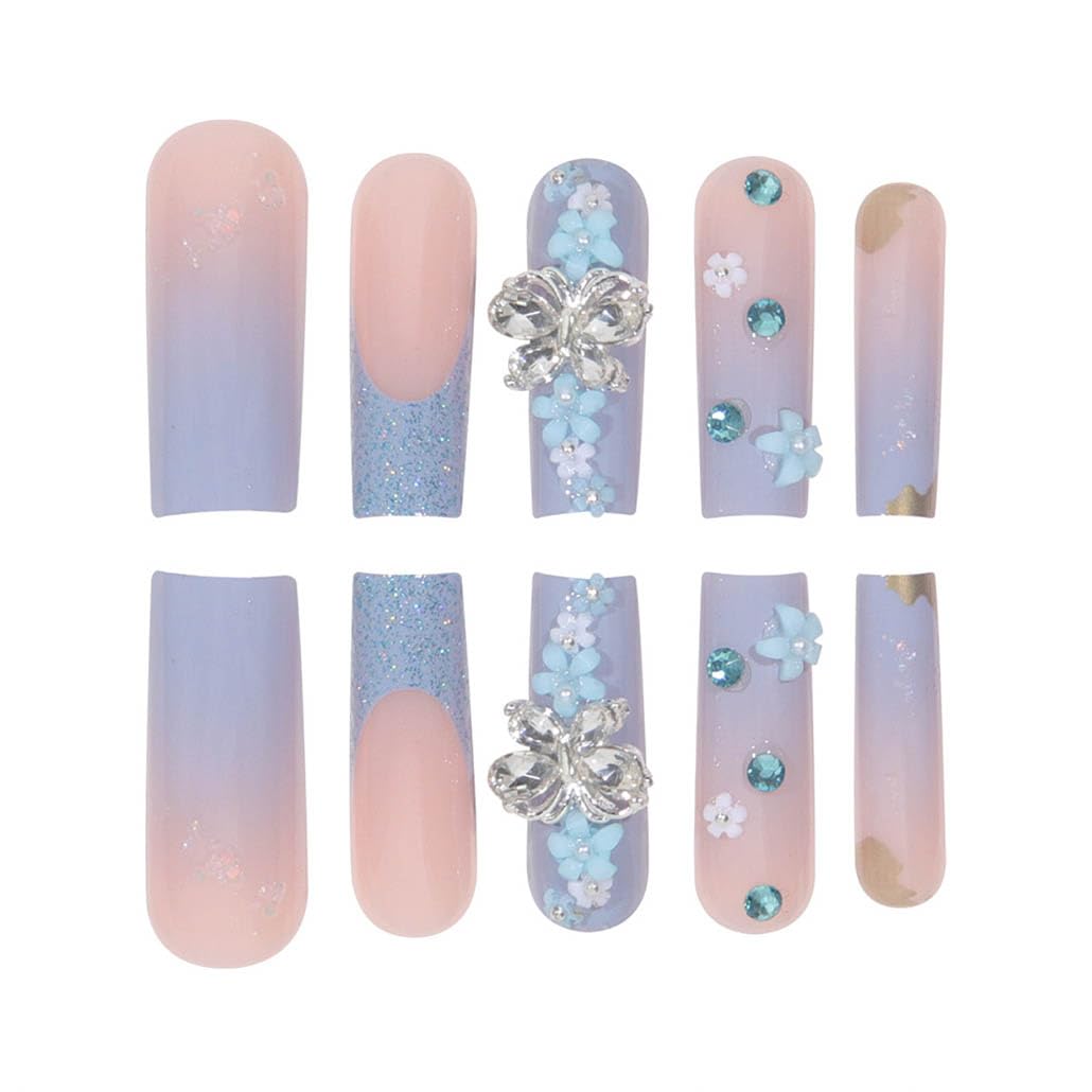 Foccna Butterfly Blue Fake Nails Square French Press on Nails Long Bling Glossy Rhinestone False Nail Tips Artificial Nails Finger Manicure for Women and Girls,24pcs