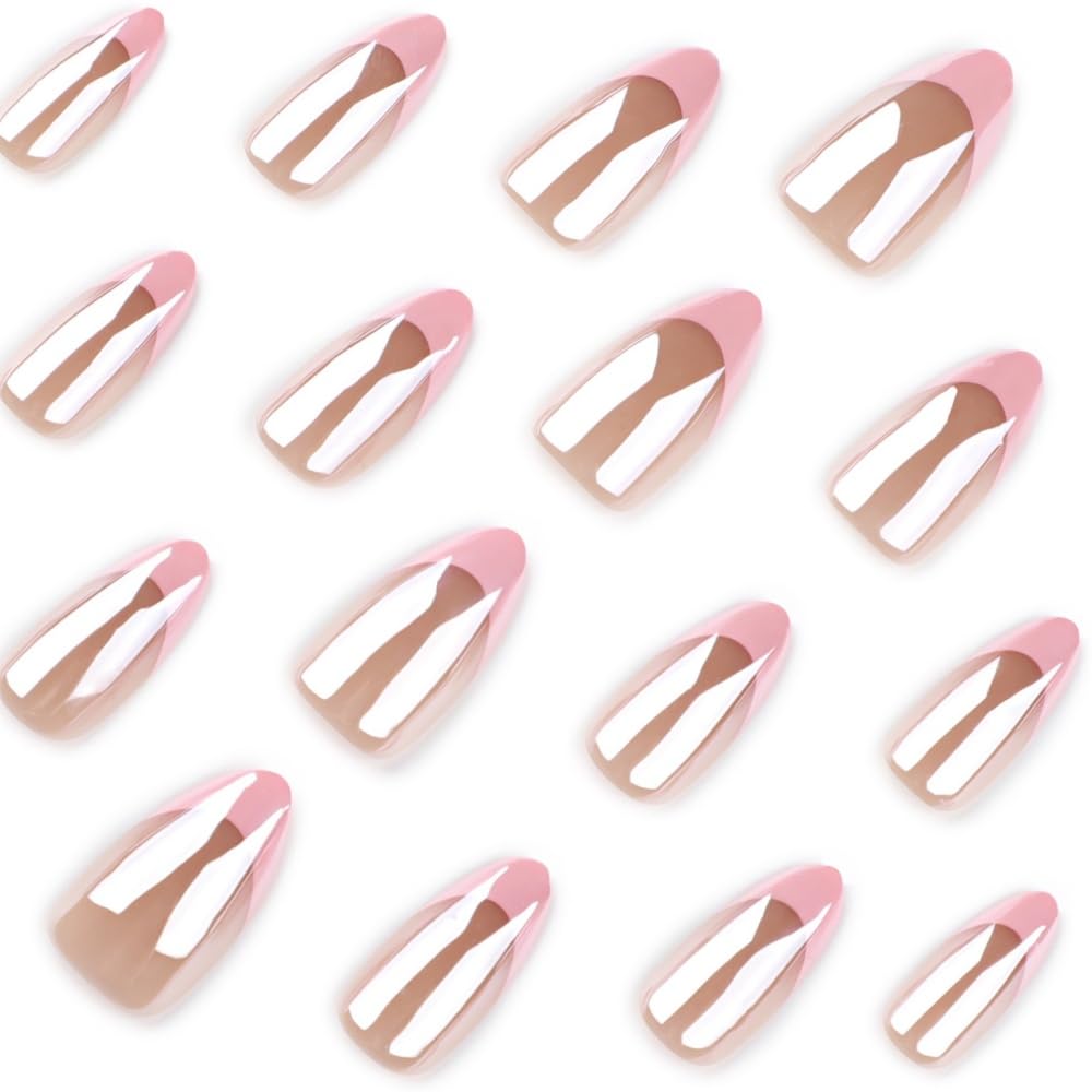 FJSMTOPl French Tip Press on Nails - Pink Fake Nails Press ons - Almond Chrome False Nails - Medium Glue on Nails - Cute Acrylic Stick on Nail for Women Nail Manicure 24Pcs