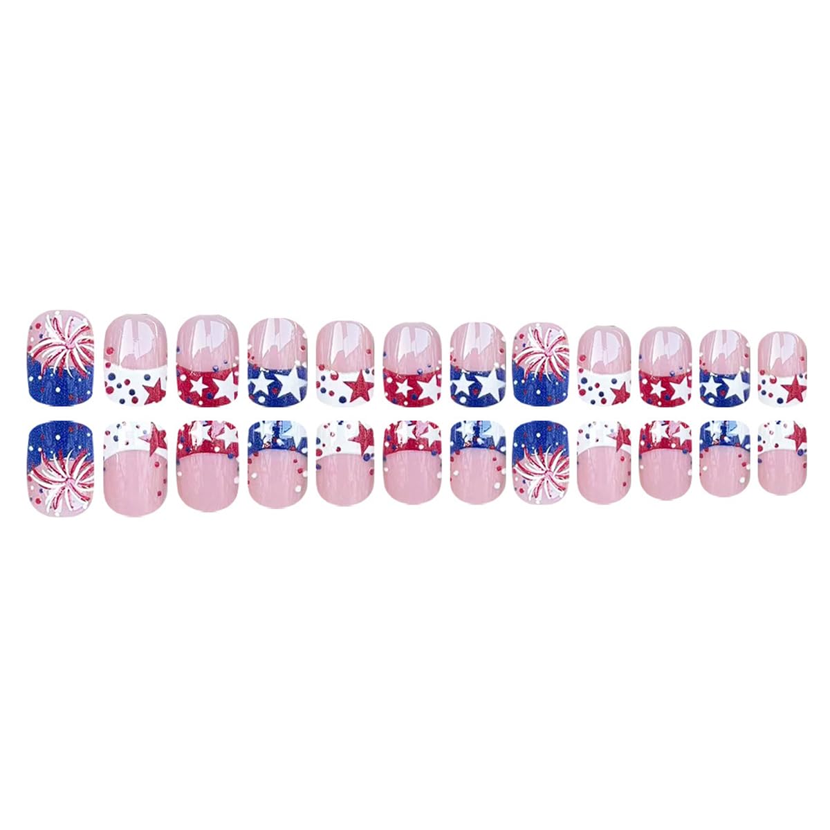 24Pcs 4th of July Press on Nails Short Square French Tip False Nails with Red White Blue Star Firework Designs Independence Day Fake Nails Patriotic Acrylic Stick on Nails for Women Holiday Manicure