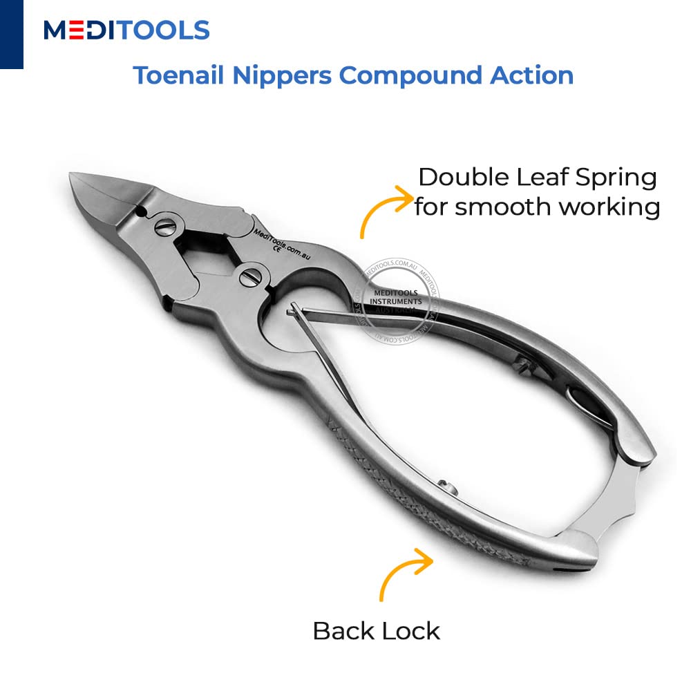 MediTools-Toenail Nippers, Clippers, Double Action, Heavy Duty Toenail Cuter for Thick Nails, Pedicure, Manicure, Podiatrist's Nippers, Concave Jaws, Ingrown Nails Cutter, Stainless Steel, Premium