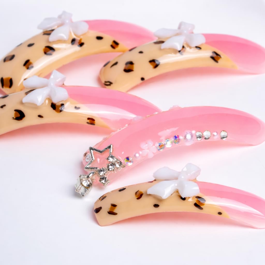 IntoVibes 10 Pieces Handmade Luxury Long Press On Nails With Curved Design, Bowknot And Leopard Prints, Pink Thickened False Nails, Reusable Fake Nails, Square Acrylic Nails (S)