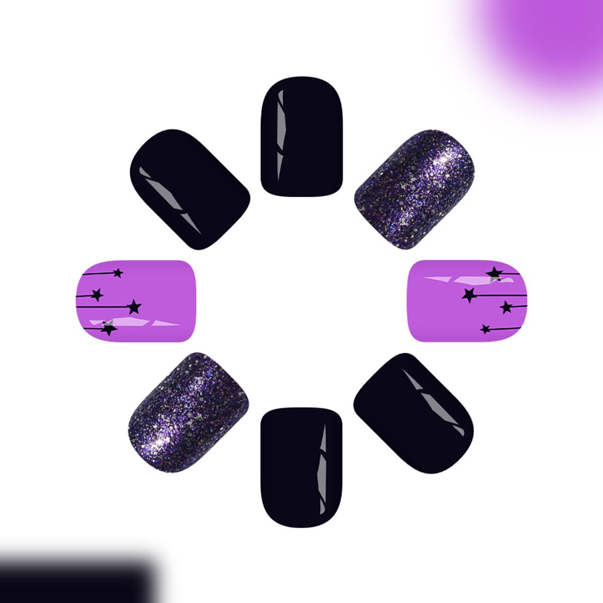 24Pcs Black Fake Nails QUNQINLI Short Square Press on Nails with Small Star Charms Designs Purple Glitter Nail Tip Kit Glossy Full Cover Glue on Nails Reusable Stick on Nail for Women Manicure