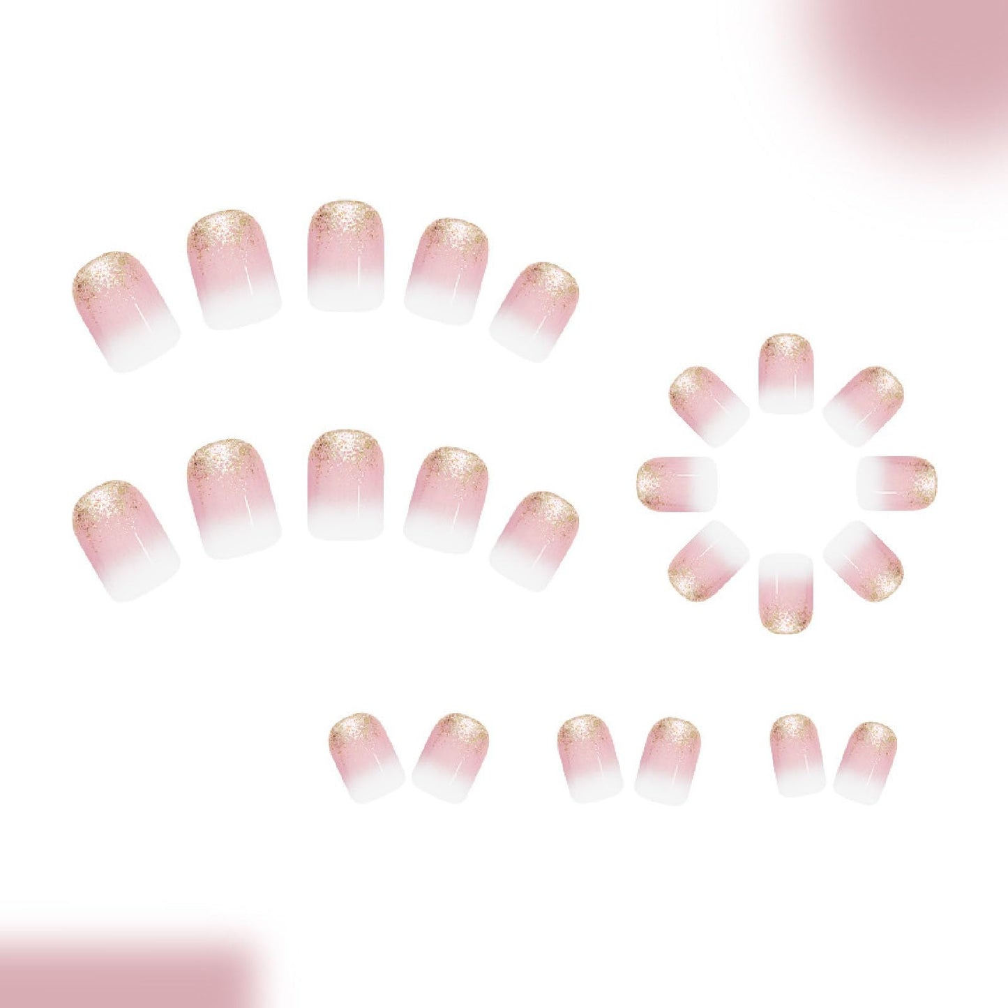 24Pcs Glitter Press on Nails Short Square Fake Nails with Gradient Glossy Designs Nails Press ons Pink White False Nails Simple Stick on Nails for Women
