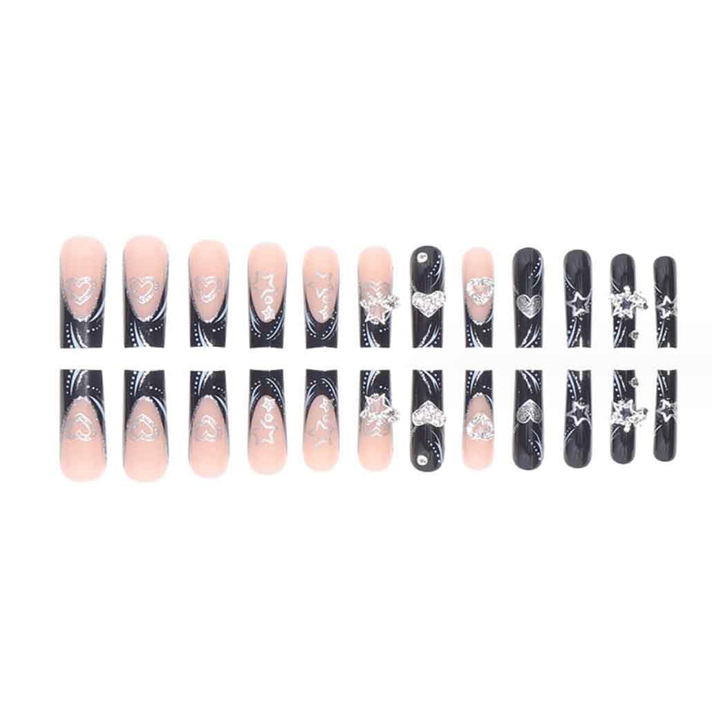 Foccna Press on Nails Long Rhinestone Fake Nails Black Square Bling Glossy Artificial Nails Finger Manicure for Women and Girls-24pcs (Long Nails 2)