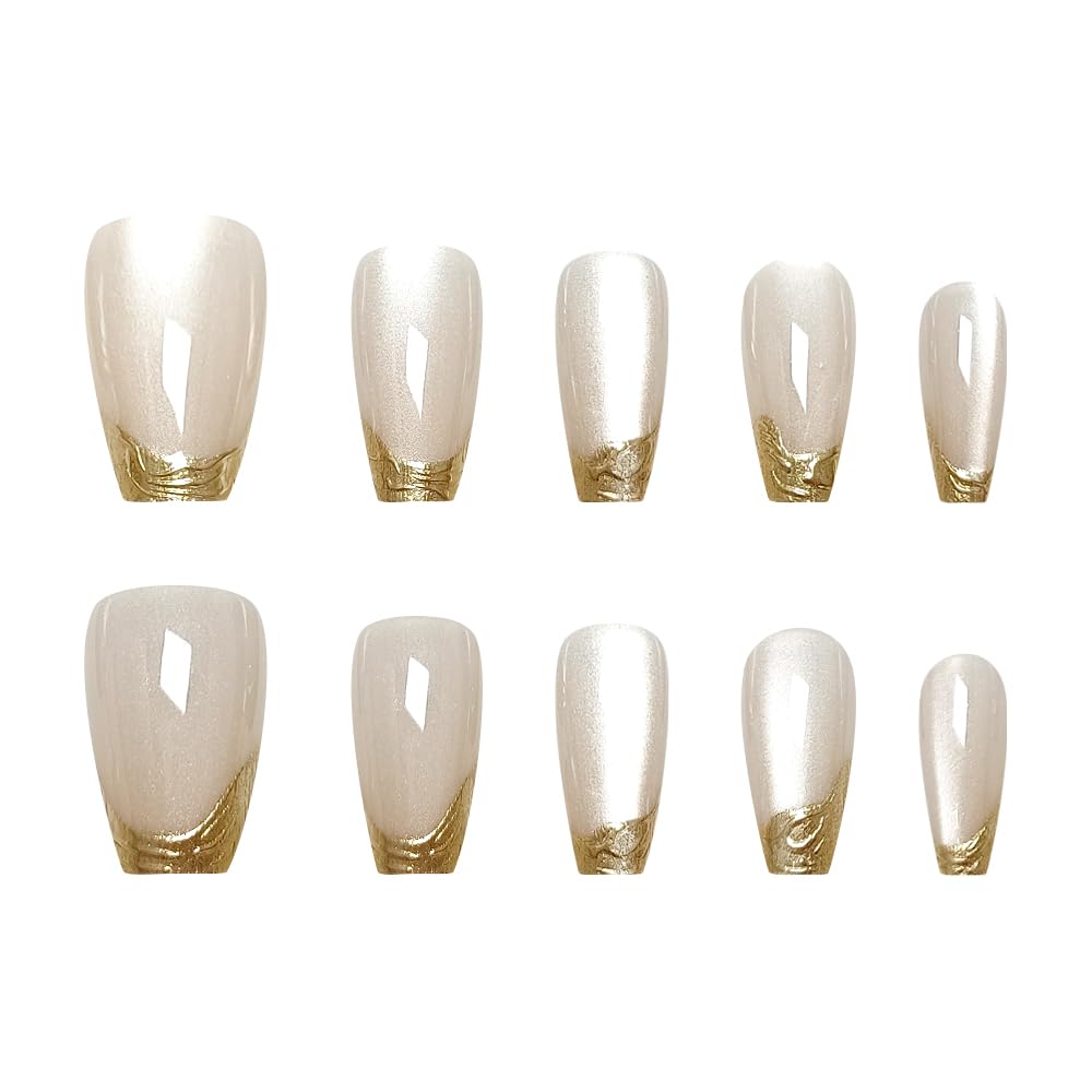 Gold French Tip Press On Nails for Women, Glossy Coffin Fake Nails with Metallic Swirl Design, Elegant Nude Full Cover Acrylic Nails Reusable Stick On Nails, 24PCS