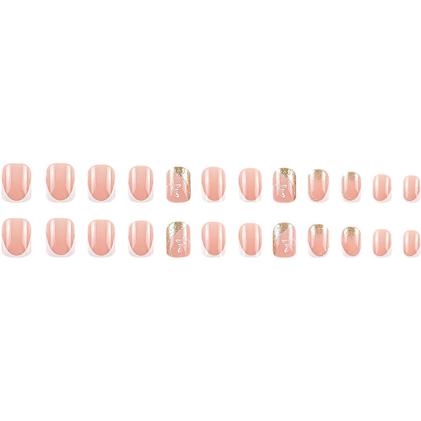 Short Press on Nails Square Fake Nails Pink Nails Press ons French Tip False Nails Glitter Glue on Nail with Butterfly Designs Acrylic Glossy Full Cover Stick on Nail for Women Manicure