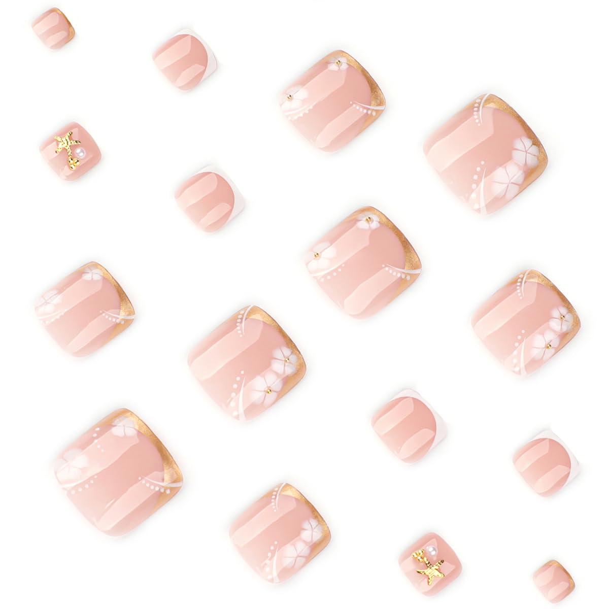 yefiuo Handmade Press on Toenails Gold French Toe Press on Nails Tips Kit Fake Toe Nails Press ons False Toenails Flower Starfish Acrylic Glue on Nails Stick on Nails for Women Nail Supplies 24Pcs