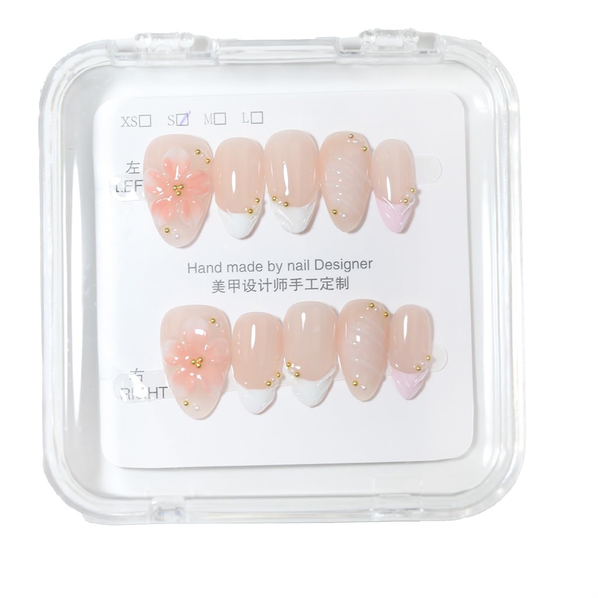 10 Pcs Short Almond Handmade Press On Nails | 3D Pink Floral & French Tip, Pink Swirl & Gold Dot Accents| Skip Salon Trips, Easy to Apply & Remove, Reusable (RR09, S)