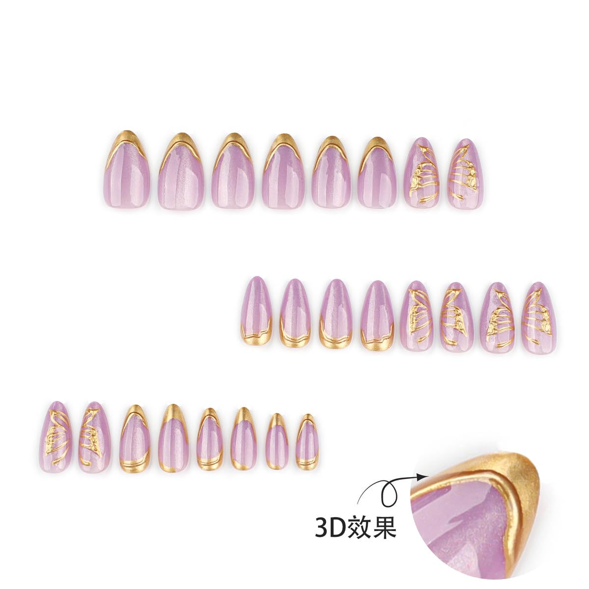 Purple Press on Nails whit Gold Butterfly - Medium Almond Fake Nails Cat Eye Nail Press ons Full Cover Glossy Spring Stick on Nails for Women 24PCS